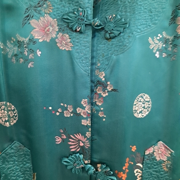 VTG 60's Turquoise Asian Style Chinese Dress/Coat/Robe/Silk Embroidered 44 Flaws - Picture 4 of 13